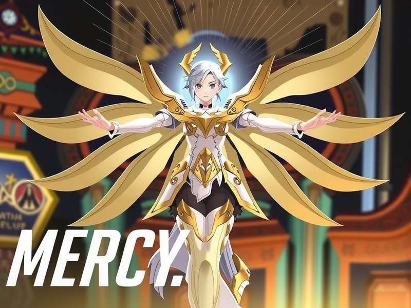 Mercy from Overwatch 2 posing with her staff, patch notes background with stats overlay